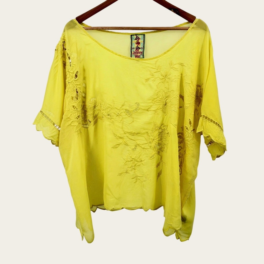 Johnny Was Flo Blouse Womens XXL Yellow Embroidered Scallop Rayon